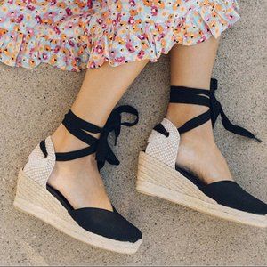 Soludos Black and Cream Espadrille Wedges